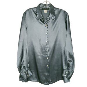 Womens Shiny Silky Satin Top L Gray Button Up Secretary Office Evening 90s Y2K